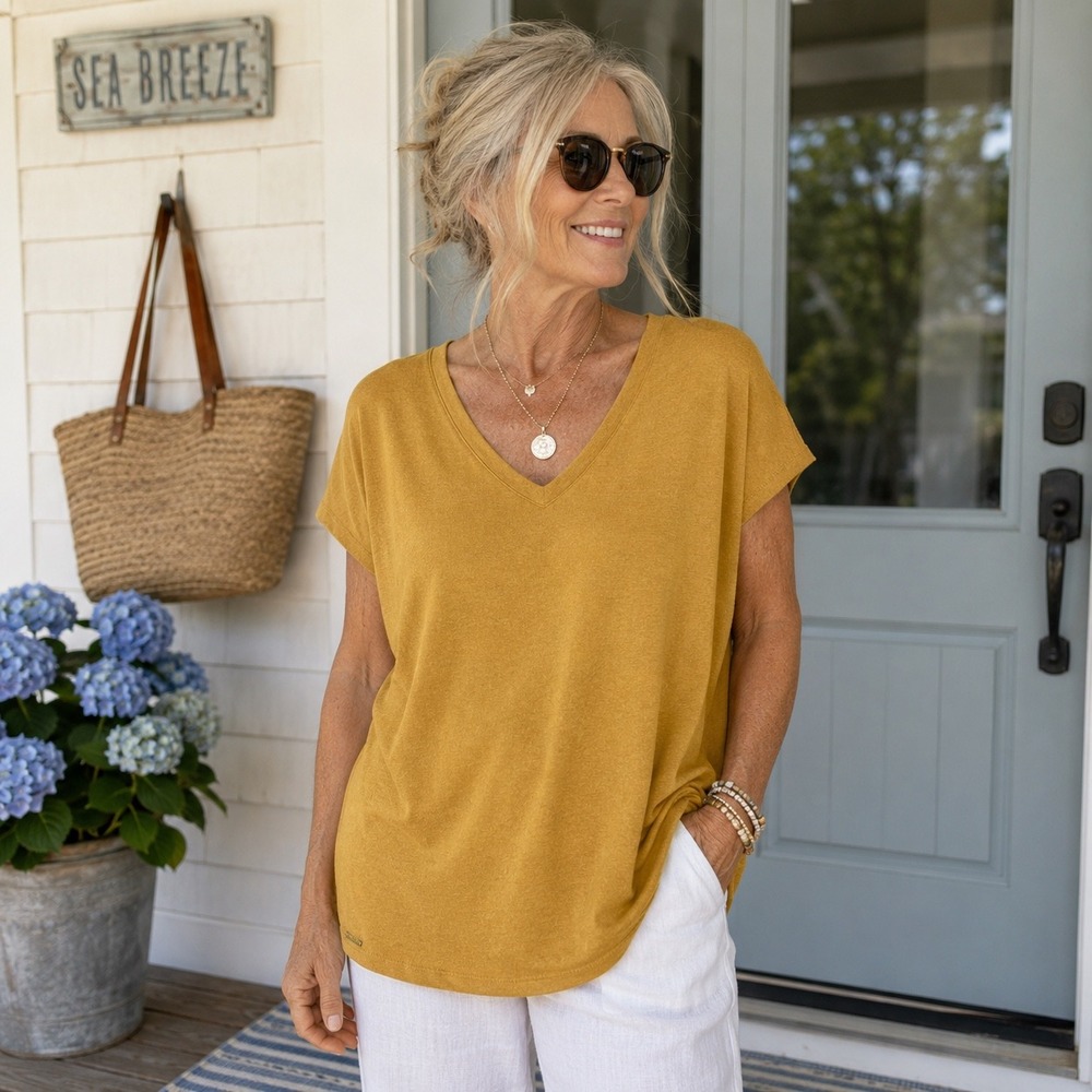 Orvis Womens XL Mustard Yellow V-Neck Dolman Knit Top Rayon Blend Relaxed Fit